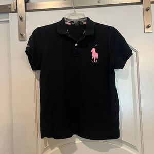 Ralph Lauren Pink Pony Black Polo with Large Pink Pony embroidered emblem.